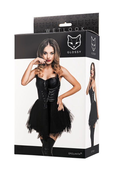 Платье Glossy Elisia с пышной юбкой из материала Wetlook, черное, S